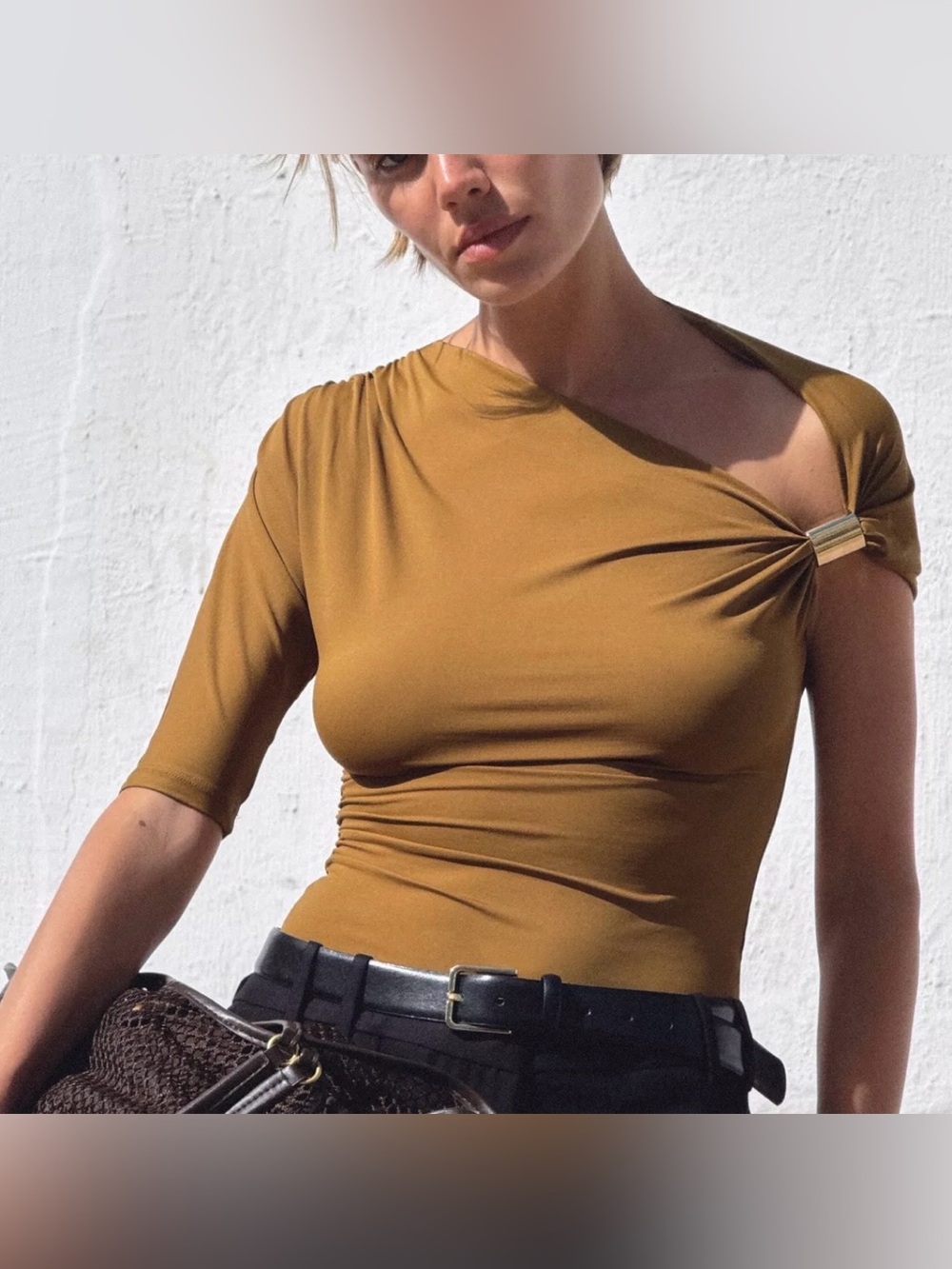 NWT Micas Asymmetrical One-Shoulder Ruched Top in Mustard - size L